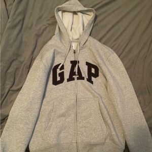 GAP Heather Gray Zip-Up Hoodie with Black Lettering